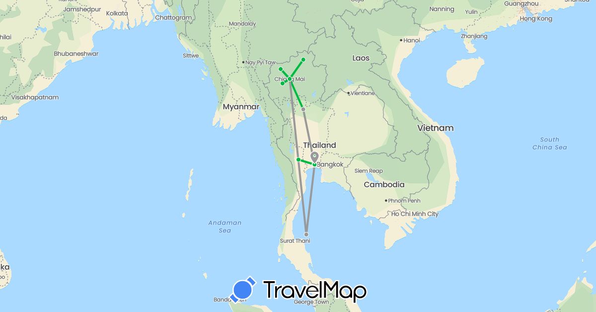 TravelMap itinerary: driving, bus, plane in Thailand (Asia)
